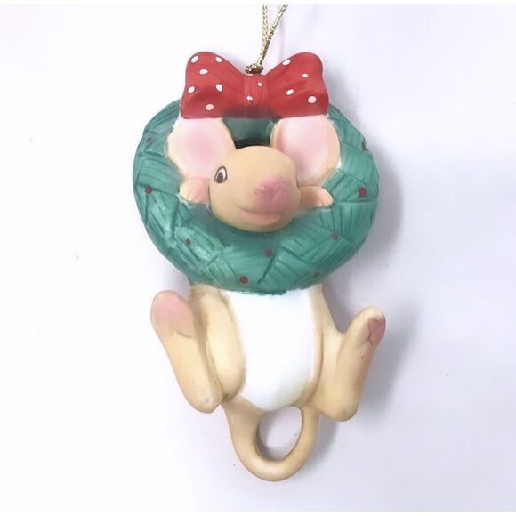 Mouse Wreath Ornament Hand Painted Ceramic Smiling 3.5" Vintage Made Taiwan - Picture 1 of 8